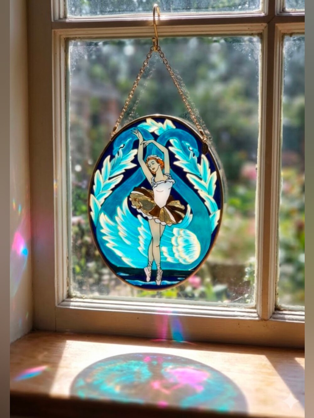 Amia Painted Glass Ballerina Hanging Suncatcher Blue Pink (Stand Not Included)